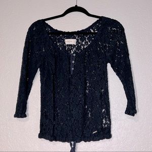 Abercrombie and Fitch Small Navy Blue 3/4 Length Sleeve Sheer Lace Blouse